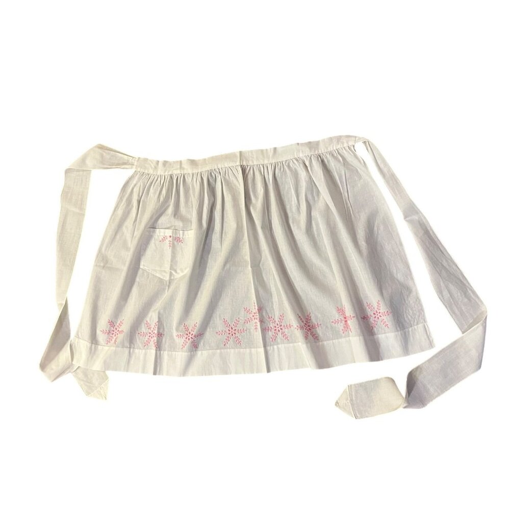 Vintage White Half Apron w/ Pink Embroidery – Handmade – Women’s Kitchen - Picture 3 of 13